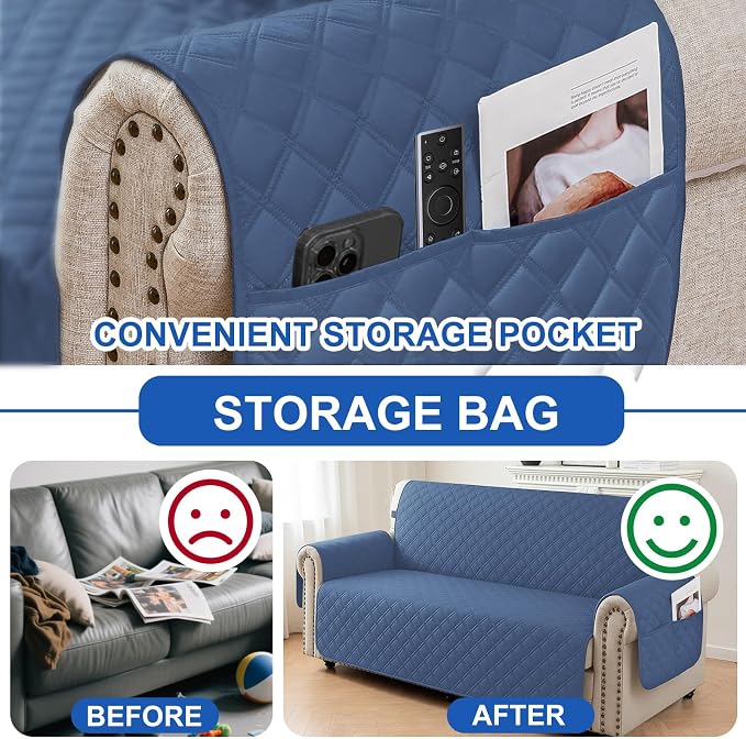 Waterproof Loveseat Covers for 2 Cushion Couch, Sofa Covers for Pets Washable with Side Pockets, Non Slip Couch Covers for Dogs, Dog Couch Cover with Elastic Straps (Loveseat, Berlin Blue) - Image 5