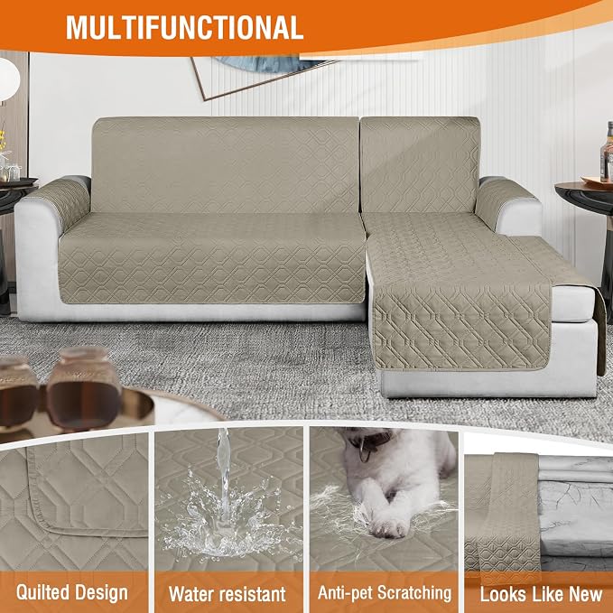 VANSOFY Sectional Couch Covers 100% Waterproof L Shaped Sofa Slipcover 3pcs Reversible Chaise Lounge Cover for Sectional Sofa Furniture Protector Cover for Pets Cat Dog(Small, Khaki) - Image 4