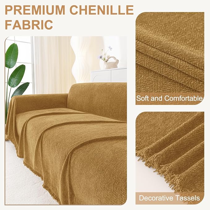 Smiry Couch Cover for Dogs, Chenille Sofa Covers for 3 Cushion Couch | Washable Soft Sofa Slipcover for Pets, Thick Sectional Furniture Protector with Tassels (Yellow, 71x150 Inch) - Image 2