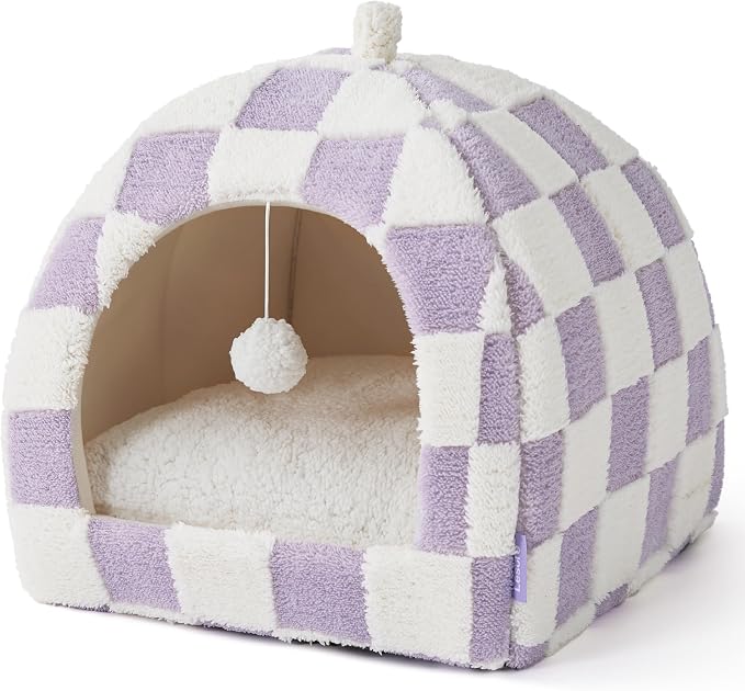 Lesure 2in1 Cute Cat House for Kitten with Washable Cushioned Pillow,17.3in | Cat Beds for Indoor Cats,Small Pet Cave Tent,Cozy Enclosed Foldable Hideaway,Fluffy Ball,Anti Slip Bottom,Hand Strap,Purple - Image 7