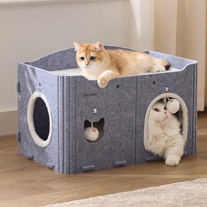 Joydeco Cat House for Indoor Cats, Extra Wide Scratch Resistant Felt Cat Condo, Hideaway Pet Cave Bed with Fluffy Ball and Tunnel for Kitten, Small Dogs, Rabbits, 22.4 x 13.7 x 14.9, Grey by JOYDECO