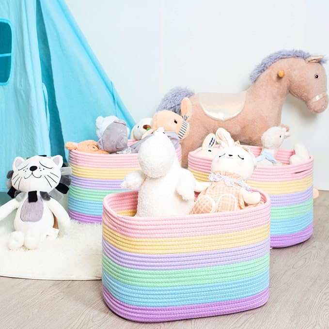 MINTWOOD Design 3-Pack Storage Baskets and Cube Bins for Shelves, Playroom and Classroom, Decorative Woven Closet Organizers for Books, Shoes, and Pantry Items, Pastel Rainbow - Image 3