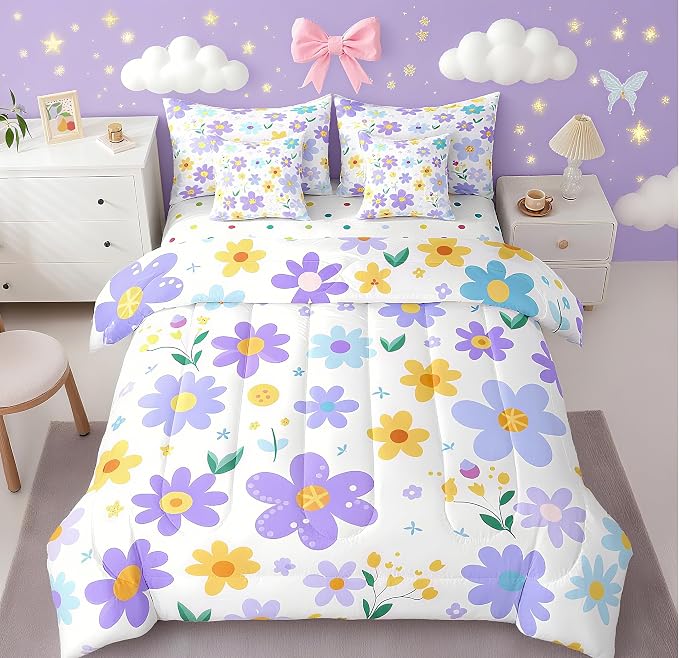 Feelyou Cute Flower 7 Piece Bedding Set Full Size Kids Cartoon Cute Floral Bed in a Bag for Girls Teens Purple Yellow Comforter Set with Sheets Kawaii Bed Set by Feelyou