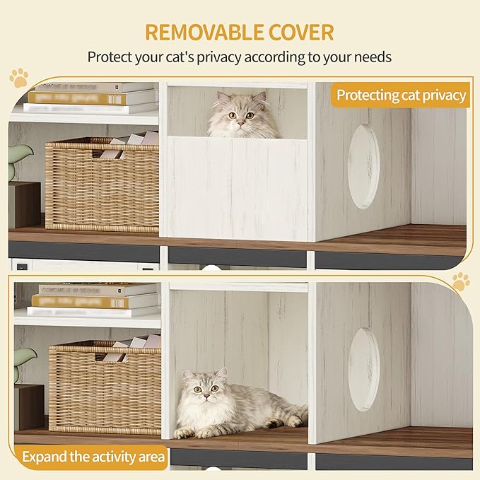 Hzuaneri Double Cat Litter Box Enclosure for 2 Cats, Cat Cabinet with Large Storage Space, Hidden Litter Box with Scratch Pad, Farmhouse Cats House, TV Stand End Table, Rustic Brown and White CB97014X - Image 7