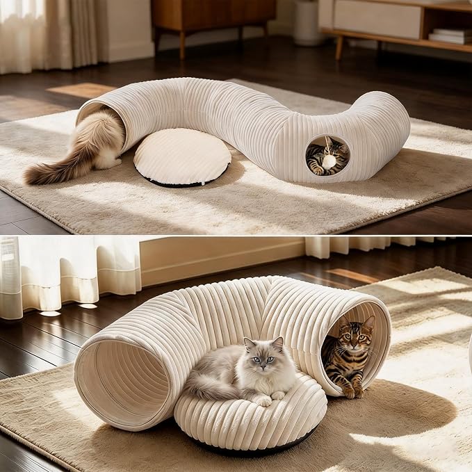 Cat Tunnel Bed with 30 Pcs Interactive Cat Toys, Cat Tube with Kitten Toys for Indoor Kittens, Collapsible Play Tunnel, White - Image 7