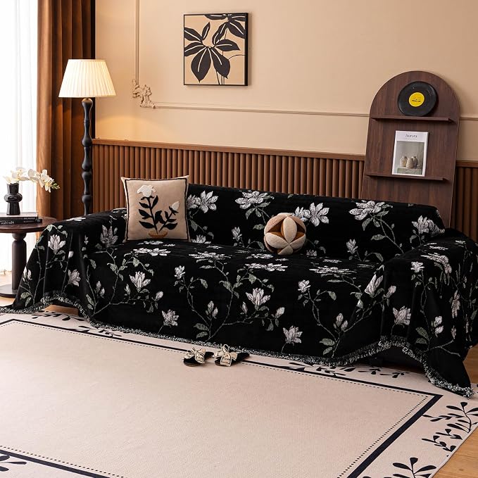 STACYPIK Vintage Floral Jacquard Couch Cover for Dogs, Countryside Chenille Sofa Covers for 3 Cushion Couch Washable, Non Slip Couch Protector for Sectional Throw Slipcover Blanket, Black-71X134IN - Image 2