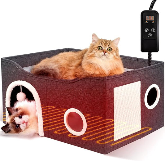 Indoor Heated Cat House, Adjustable Temperature Cat Heating Bed with Timer and Chew Resistant Cord, Large Cat House with Heating Pad for Small Medium and Large Cats by Heeyoo
