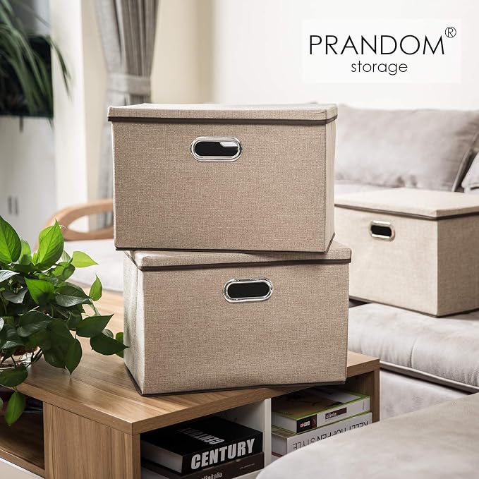 PRANDOM Large Collapsible Storage Baskets with Lids [5-Pack] Jute Fabric Foldable Storage Bins Boxes Organizer Containers Cube with Cover for Home Bedroom Closet Office Nursery (17.7x11.8x11.8) - Image 2