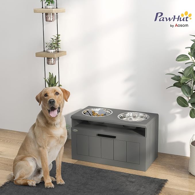 PawHut Elevated Dog Bowls Raised Dog Feeder with Storage Gray | 2 Stainless Steel Bowls, Slow Feeder Mat, Feeding Station, Large Extra Large Breeds - Image 2