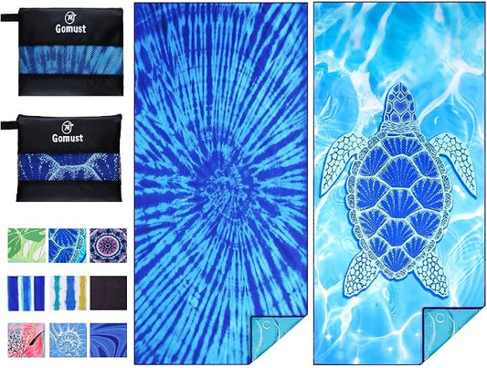 Microfiber Beach Towel Oversized 71x32, Thin, Blue with Bag 2 Pack | Lightweight Sand Free Absorbent Quick Dry Compact Extra Large for Adult Travel Camping Pool Swim Bath Cruise Essentials Gift by Gomust