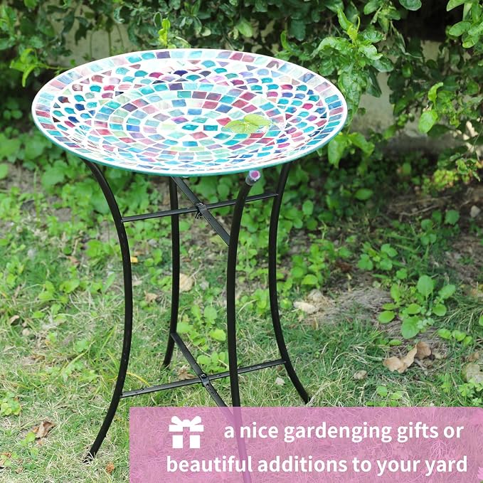 MUMTOP Mosaic Glass Bird Bath with Metal Stand for Garden Feeder Yard Decor | 14 Inch Width 19.68 Inch Height Outdoor Garden Bird Baths Bowl, Unique Glass Birdbaths Bird Feeder for Yard Decor - Image 5