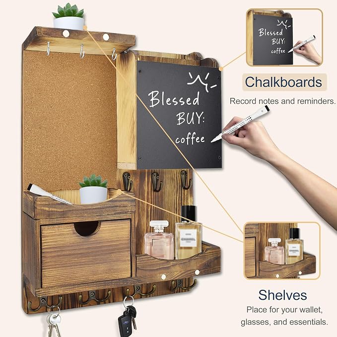 Key Holder Wall Mount， Mail Organizer Key Holder for Wall with Shelf, Drawer, Chalkboard, Corkboard, Home Decor Wall Mounted for Room Entryway(Natural Wood) - Image 7