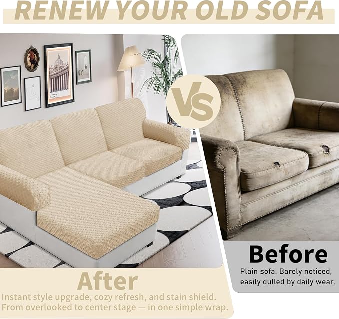 YEMYHOM Couch Cushion Covers for Sofa, Stretch Sectional Couch Seat Cushion Covers Washable Thick Furniture Protector Sofa Slipcovers for Pets (2 Seater + 1 Chaise, Beige) - Image 4