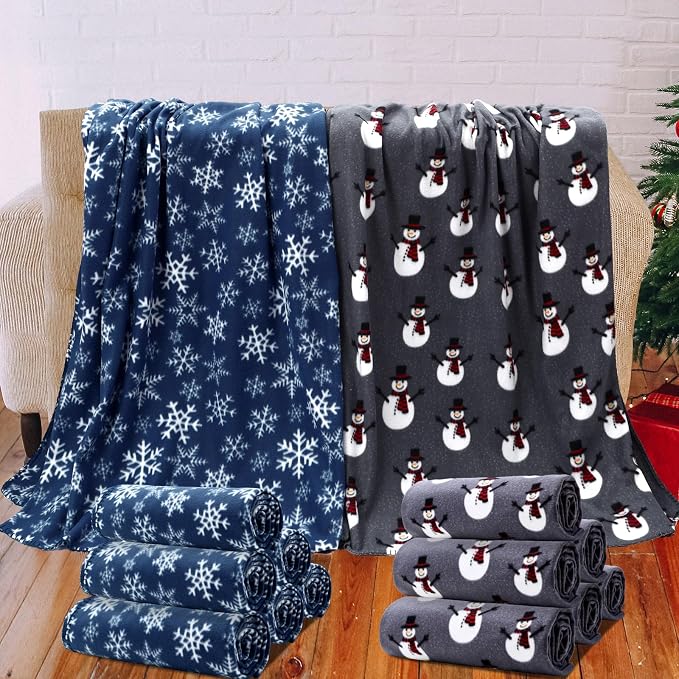 Preboun 24 Pack Bulk Christmas Soft Fleece Blankets 50 x 60 Inch Bulk Lightweight Warm Fleece Throw Blankets for Pet Bed Sofa Couch Office Wedding Gifts Travel (Snowflakes and Snowmen) by Preboun