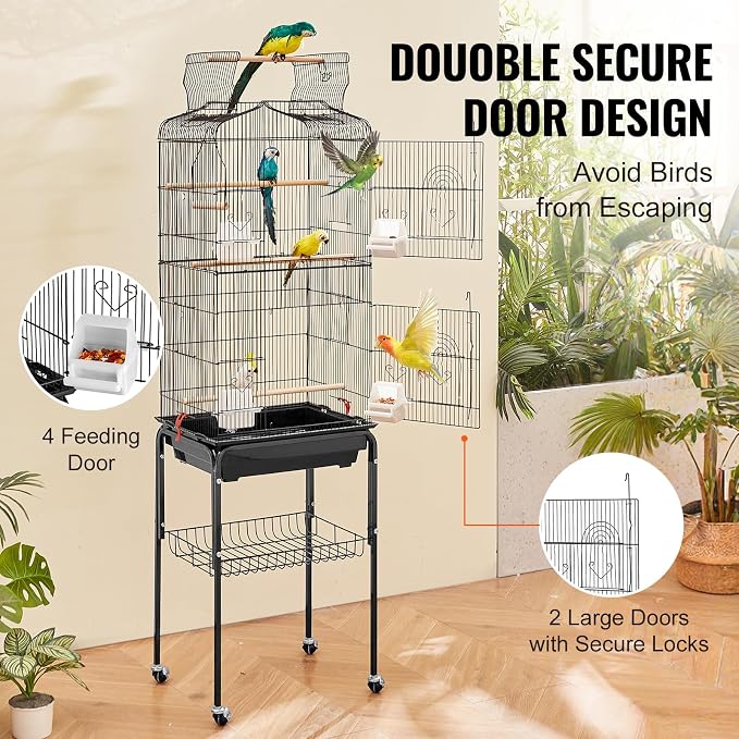 VEVOR 64-inch Open Top Large Parrot Bird Cage with Detachable Rolling Stand for Parakeets Finches Canaries Lovebirds Cockatiels Budgies Small Quaker Conures Flight Birdcage with Swing and Perch - Image 4