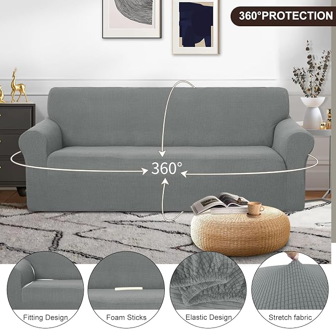U-NICE HOME Oversized Stretch Couch Cover Slipcover, Grey | 3 Cushion Sofa, 1-Piece Sofa cover, Washable, Pet friendly, Furniture protector, Polyester Spandex Jacquard fabric - Image 3