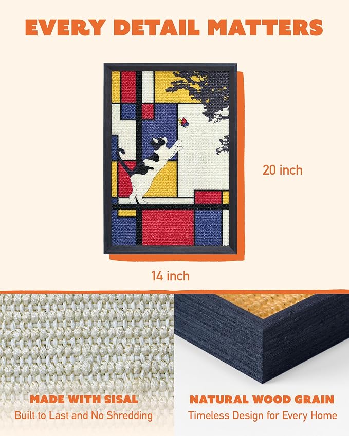 Decorative Wall Art Cat Scratcher for Vertical Scratching, 14"x20" Framed Sisal Scratch Pad Mat with Renter-Friendly No-Drill Wall Mounted Setup, Durable Alternative to Cardboard (Mondrian's Cat) - Image 3