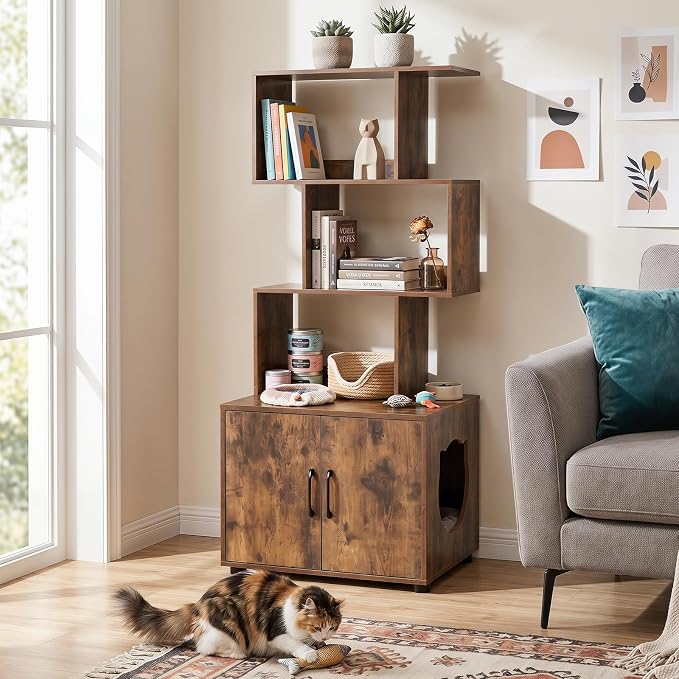 PETSITE Cat Litter Box Furniture with 3 Shelves and Doors, 56 inch Tall Cat Box Enclosure with Display Shelves and Side Entry, Indoor Hidden Litter Box with Decorative Storage Shelving (Rustic Brown) - Image 2