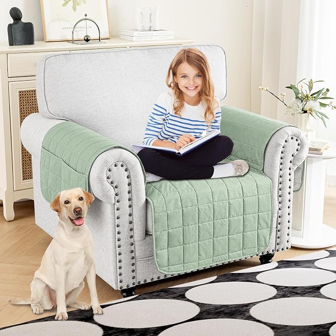 MAXIJIN Waterproof Chair Cover for Dogs Washable, Quilted Chair Seat Cover Sofa Slipcover for Armchair with Side Pockets, Non-Slip Furniture Protector for Pets Kids (Chair, Mint Green) - Image 2
