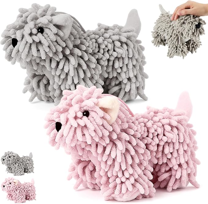 Tegeme 2 Pcs Chenille Dog Hand Towel Fuzzy Towel Absorbent Microfiber Soft for Bathroom Kitchen Washstand (Grey Pink,Standing Dog) by Tegeme