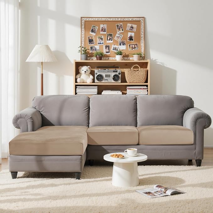 CHUN YI Velvet Couch Cushion Covers, 3 PC Water Resistant Sectional Couch Covers for L Shape Sofa, Individual Seat Cushion Protector for Pets (2 Seater + 1 Chaise, Camel) - Image 2