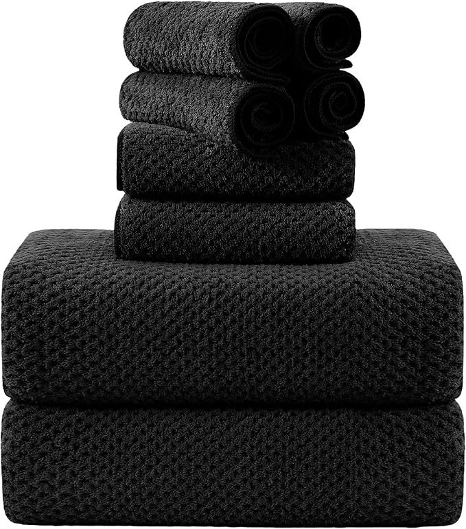 8-Piece Bath Towel Set, 2 Extra Large Bath Towel Sheets, 2 Hand Towels and 4 Washcloths - Highly Absorbent Quick Dry Microfiber,Ultra Soft Towel Set for Bathroom,Waffle Weave Design, Pack of 8 (Black) by Smuge