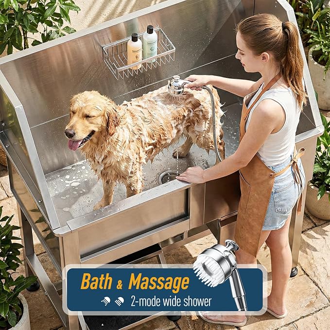 Professional Dog Washing Station, 46 Inch 304 Stainless Steel Pet Grooming Tub with Side-Mounted Faucet, Telescopic Ramp & Storage Drawer for Large & Senior Dogs, Outdoor Raised Sink (46" Left Step) - Image 4