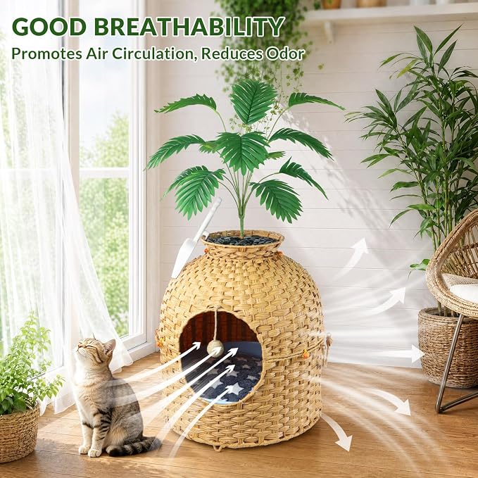 Cat Hidden Litter Box Enclosure Furniture, Handwoven Rattan Cat House with Decorative Faux Plant, Cat Litter Box with Scoop & Sisal Ball, Real Stones for Living Room, Bedroom, Corner Natural - Image 5