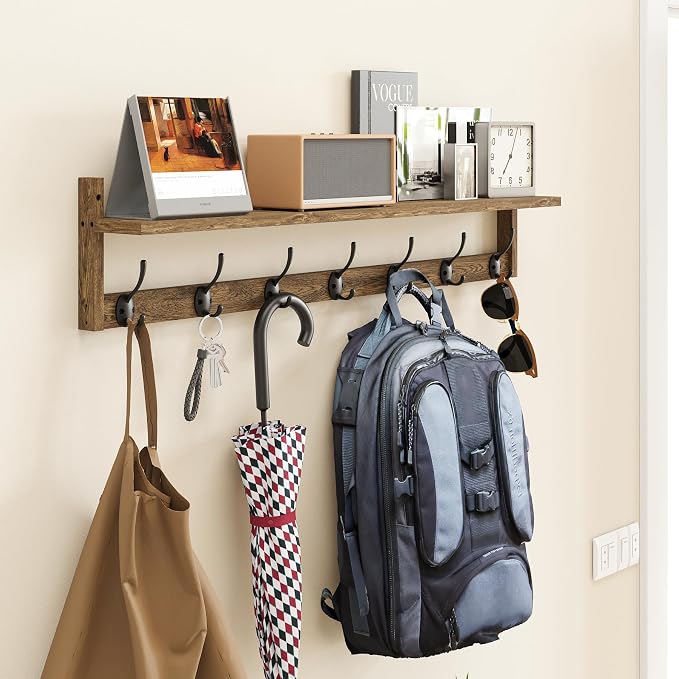 BAMEOS 35" L Wooden Coat Rack Wall Mount, Large Wall Coat Hooks with Shelf, Wall Hanging Shelf with 7 Dual Metal Hooks for Entryway, Bathroom, Kitchen, Living Room, Bedroom - Image 5