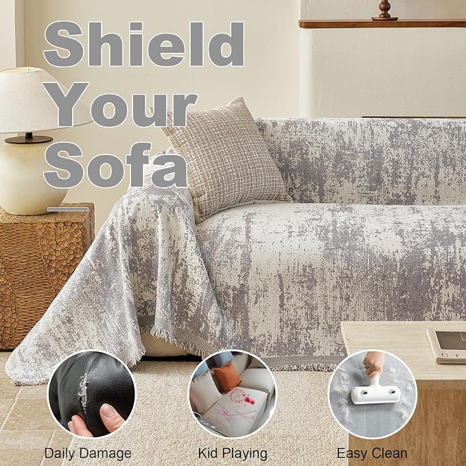 VClife Boho Couch Cover, Non Slip Soft Couch Covers for 2 Cushion Couch Sofa Pet Friendly, Irregular Vintage Light Grey Off-White Scraped Texture Furniture Protector Slipcover for Dog, 71" X 118" - Image 5