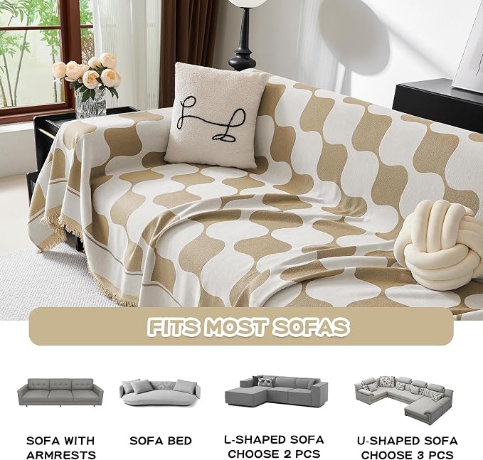 MEETSKY Sofa Cover Washable Sectional Couch Cover, X-Large Couch Slipcovers for Reclining Couch 2 Seat ，Washable Sofa Protector Decorative Modern Style for Living Room, 71" x 118", Khaki Checkerboard - Image 2