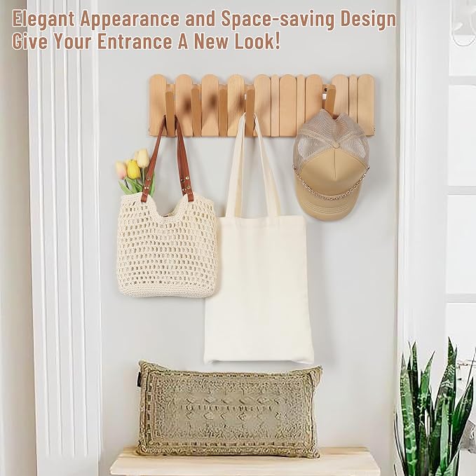 Wall Coat Rack for Entryway: Folding Wood Modern Heavy Duty 8 Hooks | 21.6'' Wall Mounted for Boho Home Decor Bathroom Bedroom Hallway for Hanging Towel Jacket Backpack Bag - Image 4