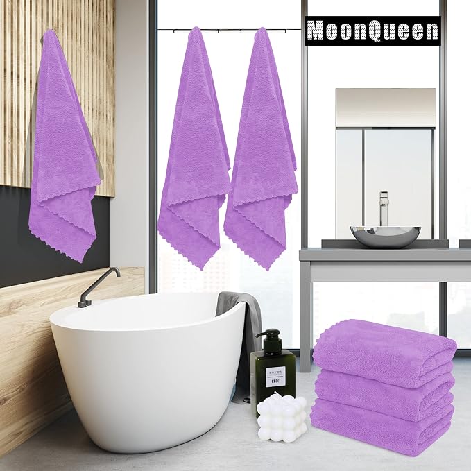 MOONQUEEN 2 Pack Premium Bath Towel Set - Quick Drying - Microfiber Coral Velvet Highly Absorbent Towels - Multipurpose Use as Bath Fitness, Bathroom, Shower, Sports, Yoga Towel (Purple) - Image 2