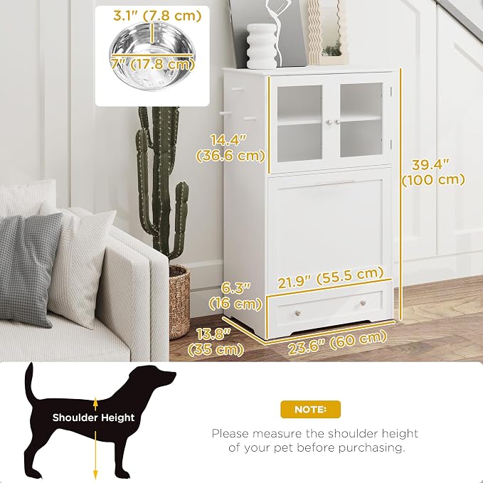 PawHut Dog Feeding Station, 2 Storage Cabinets, Elevated Dog Bowls, White | Side Hooks, Anti-tip Kit, Hidden Pet Feeder Station for Feeding & Watering - Image 3