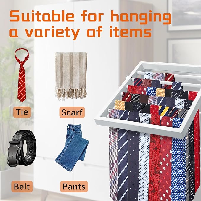 Tie Rack Wall Mounted, Adjustable Angle Tie Organizer for 60 Ties & Scarves | Holds up to 60 Ties, 10 Angle Slots, Wall-Mounted Easy Installation, Long-Lasting Design - Image 2