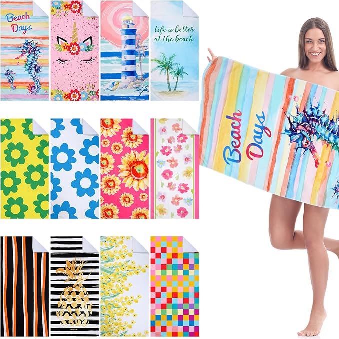 Newwiee 12 Pieces Large Microfiber Beach Towel Set Oversized 59 x 27.5 Inch Beach Pool Towel Bulk Quick Dry Lightweight Colorful Soft Absorbent for Adults Travel Swimming Supplies(Lighthouse) by Newwiee