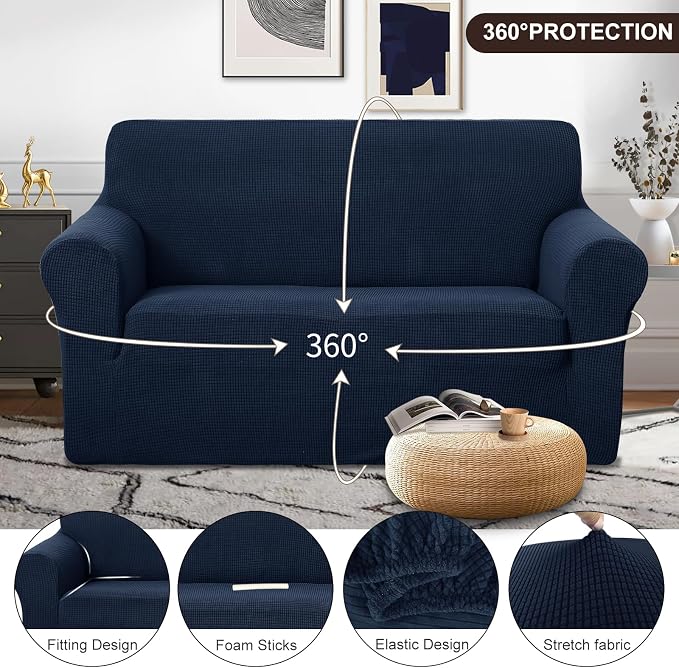 U-NICE HOME Loveseat Cover Stretch Couch Cover Sofa Slipcover, Navy | 2 Cushion Sofa, 1-Piece Sofa cover, Washable, Pet friendly, Furniture protector, Polyester Spandex Jacquard fabric - Image 3