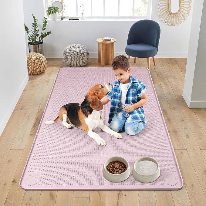 Dog Food Mat 50''x35'' Extra Large Dog Mat for Food and Water, Pink | Silicone Dog Bowl Mat with Raised Edge, Waterproof Non-Slip Pet Feeding Mat for Floors, fit for Dog Cat Bowls - Image 6