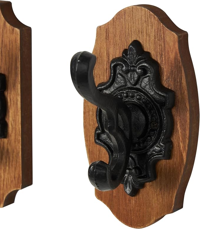Deco 79 Wooden Fleur De Lis Vintage Inspired Wall Hook with Black Metal Hooks and Curved Edges, Set of 3 4" W, 6" H, Brown - Image 4