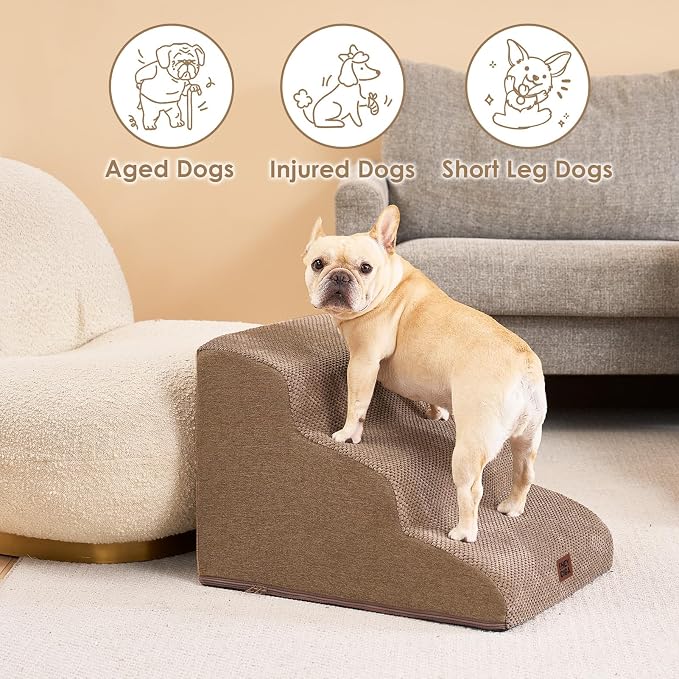 EHEYCIGA Curved Dog Stairs Ramp for Small Dogs 15.7" H, 3-Step Dog Steps for Couch Sofa and Chair, Pet Stairs for Cats, Non-Slip Balanced Pet Steps Indoor, Camel - Image 4