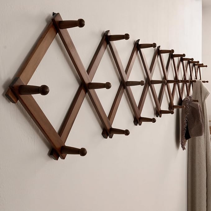 SKOLOO Accordion Wall Hanger with 28 Hooks, Modern Expandable Coat Rack Hat Rack for Wall, Solid Wooden, Walnut Color - Image 3