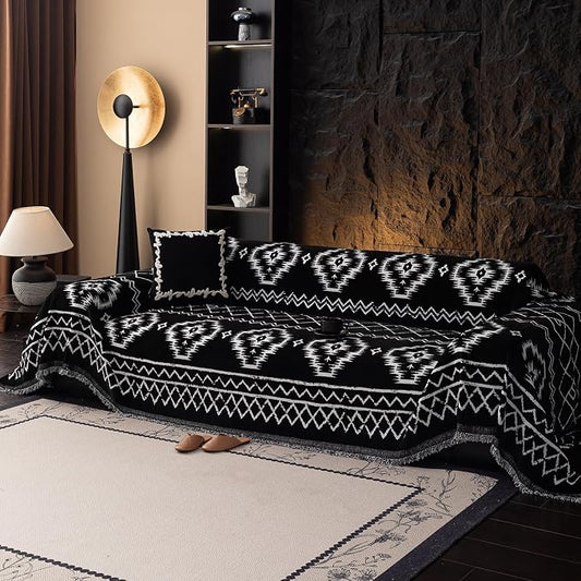 DREAMINGO Boho Couch Cover Sofa Covers for 3 Cushion Couch Jacquard Chenille Couch Cover Blanket Living Room Pet Furniture Protector Sectional Couch Covers for Dogs Washable, Black, 71"x150" by DREAMINGO