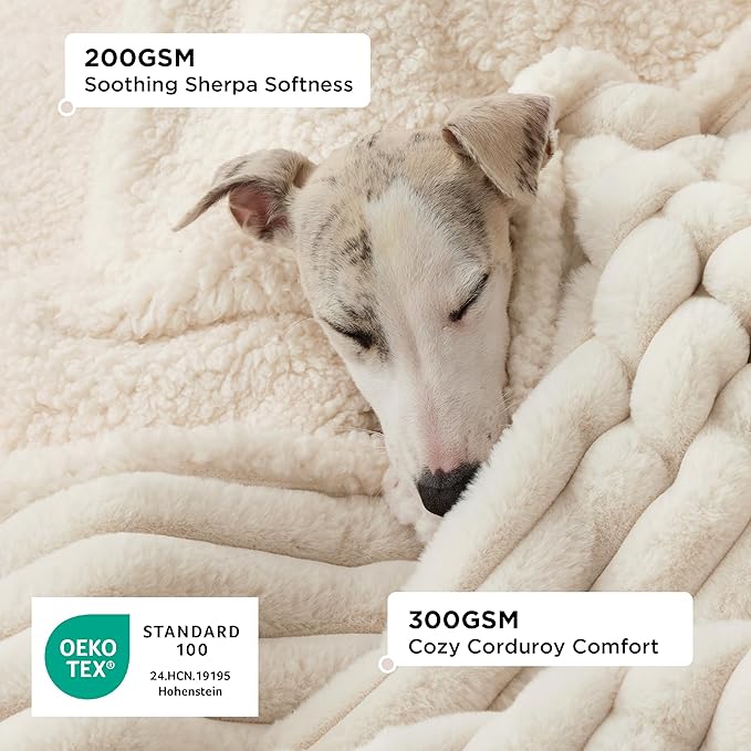 Bedsure ComfyFleece™ Waterproof Dog Blankets for Small Dogs,25x35 Cream | Soft Plush Puppy Cat Blanket, Washable Corduroy Fleece,Cozy Calming Reversible Furniture Protector Indoor for Pet Kitten - Image 2