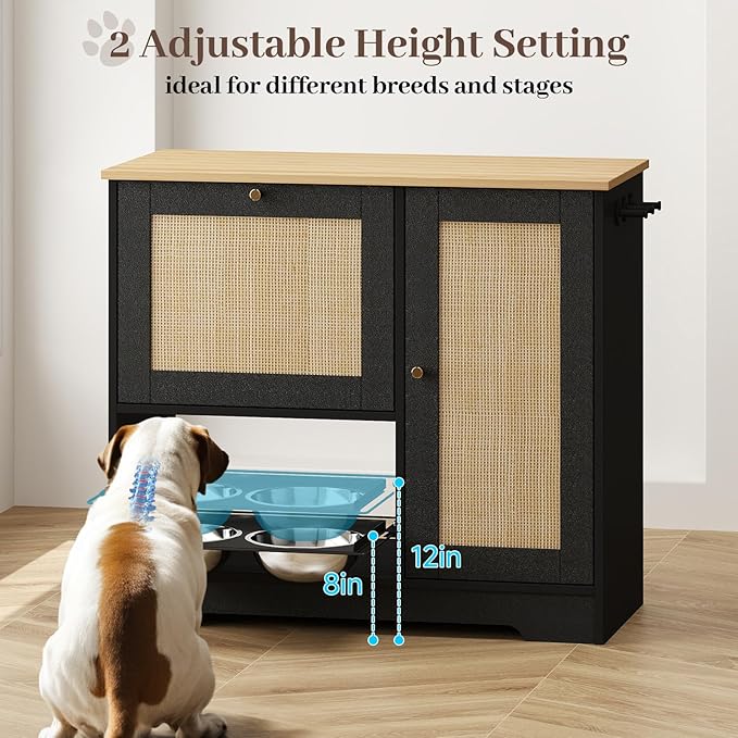 Rovibek Dog Feeding Station with with 2 Elevated Dog Bowls, Dog Food Storage Cabinet with with Storage and Hooks, Hidden Pet Feeder Station Wood for Cats and Dogs, Black - Image 4