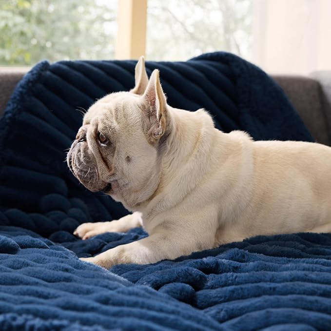 Bedsure ComfyFleece™ Waterproof Dog Blankets for Medium Dogs 30"x40" | Soft Plush Puppy Cat Blanket, Washable Corduroy Fleece,Cozy Calming Reversible Furniture Protector Indoor for Pet, Navy Blue - Image 8