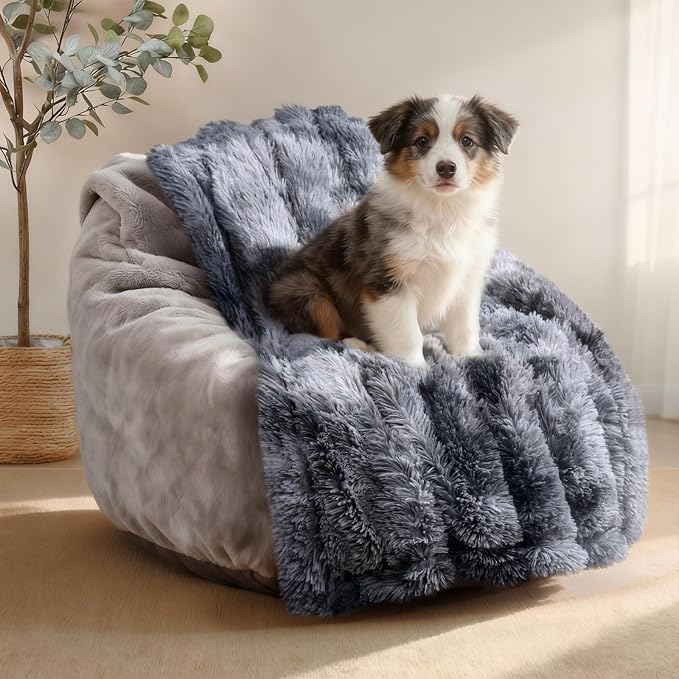 Luciphia Large Waterproof Dog Blanket Pet Washable Liquid Proof Furniture Protector Medium Shaggy Plush Calming Long Faux Fur Bed Cover for Couch Cat Blankets Kitten Doggy, Tie-dye Grey, 40" x 50" by luciphia