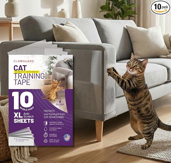 CLAWGUARD Cat Training Tape Sheets – 10 XL (17x11.5 in) Double-Sided Anti Scratch Shields – Cat Scratch Furniture Protector for Sofa, Couch & Surfaces by CLAWGUARD
