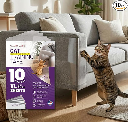 CLAWGUARD Cat Training Tape Sheets – 10 XL (17x11.5 in) Double-Sided Anti Scratch Shields – Cat Scratch Furniture Protector for Sofa, Couch & Surfaces by CLAWGUARD