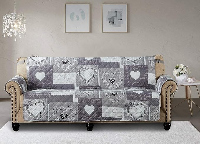Brilliant Sunshine Grey Heartlove Patchwork Loveseat Cover, 54" seat | Non Slip Sofa Cover, Quilted Furniture Protector, Large Washable Love Seat Slipcover for Pets, Dogs & Cats - Image 2