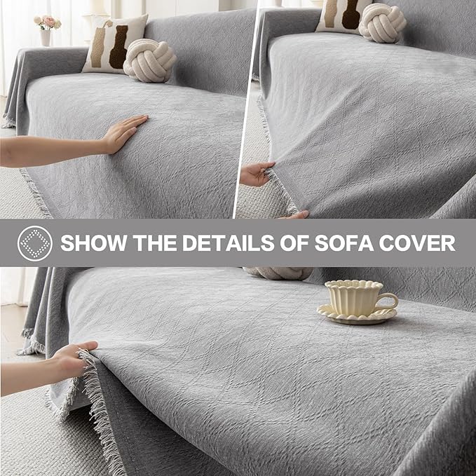DREAMINGO Modern Chenille Couch Cover Blanket Washable Sofa Covers for 2 Cushion Couch Diamond Weave Textured Furniture Protector for Dogs Soft Light Grey Couch Throw Cover, Large 71"x118" - Image 4